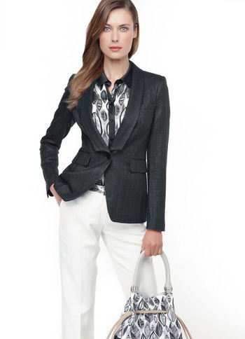 Viscose Blazer - pattern: plain; style: single breasted blazer; collar: shawl/waterfall; predominant colour: black; occasions: casual; length: standard; fit: tailored/fitted; fibres: viscose/rayon - 100%; sleeve length: long sleeve; sleeve style: standard; collar break: low/open; pattern type: fabric; pattern size: standard; texture group: woven light midweight; season: s/s 2013