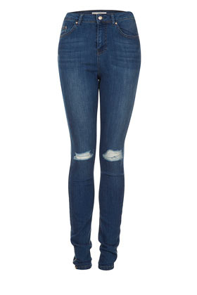 Petite Moto Carey Ripped Jeans - style: skinny leg; length: standard; pattern: plain; waist: high rise; pocket detail: traditional 5 pocket; predominant colour: denim; occasions: casual; fibres: cotton - stretch; jeans detail: whiskering, shading down centre of thigh, dark wash; texture group: denim; pattern type: fabric; season: s/s 2013