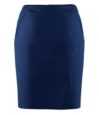 Pencil Skirt - pattern: plain; style: pencil; fit: tailored/fitted; waist: mid/regular rise; predominant colour: navy; occasions: casual, evening, work, holiday; length: just above the knee; fibres: cotton - stretch; hip detail: sculpting darts/pleats/seams at hip; texture group: structured shiny - satin/tafetta/silk etc.; pattern type: fabric; season: s/s 2013