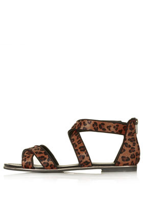 Figaro Cris Cross Sandals - predominant colour: tan; occasions: casual, holiday; material: leather; heel height: flat; ankle detail: ankle strap; heel: standard; toe: open toe/peeptoe; style: strappy; finish: plain; pattern: animal print; season: s/s 2013