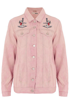 Moto Betty Boop™ Denim Jacket - pattern: plain; bust detail: added detail/embellishment at bust; style: denim; predominant colour: pink; occasions: casual; length: standard; fit: straight cut (boxy); fibres: cotton - 100%; collar: shirt collar/peter pan/zip with opening; sleeve length: long sleeve; sleeve style: standard; texture group: denim; collar break: high/illusion of break when open; pattern type: fabric; season: s/s 2013