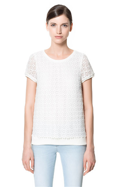 Top - neckline: round neck; back detail: contrast pattern/fabric at back; predominant colour: white; occasions: casual, evening, work; length: standard; style: top; fibres: cotton - 100%; fit: straight cut; sleeve length: short sleeve; sleeve style: standard; texture group: lace; pattern type: fabric; pattern size: standard; pattern: patterned/print; season: s/s 2013