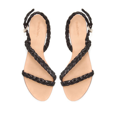 Plaited Vamp - predominant colour: black; occasions: casual, holiday; material: faux leather; heel height: flat; embellishment: buckles; ankle detail: ankle strap; heel: standard; toe: open toe/peeptoe; style: strappy; finish: plain; pattern: plain; season: s/s 2013
