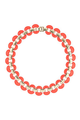 Half Disc Collar - predominant colour: coral; occasions: evening, work, occasion, holiday; length: short; size: large/oversized; material: chain/metal; finish: fluorescent; embellishment: jewels/stone; style: bib/statement; season: s/s 2013