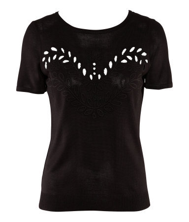 Jumper - neckline: round neck; pattern: plain; style: standard; predominant colour: black; occasions: casual, evening, work; length: standard; fibres: silk - mix; fit: standard fit; sleeve length: short sleeve; sleeve style: standard; pattern type: knitted - fine stitch; texture group: jersey - stretchy/drapey; embellishment: embroidered; season: s/s 2013; wardrobe: highlight; embellishment location: bust
