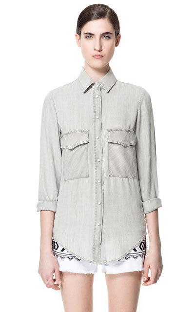 Faded Shirt - neckline: shirt collar/peter pan/zip with opening; pattern: plain; length: below the bottom; style: shirt; bust detail: pocket detail at bust; predominant colour: light grey; occasions: casual, work; fibres: polyester/polyamide - 100%; fit: straight cut; sleeve length: long sleeve; sleeve style: standard; texture group: denim; pattern type: fabric; pattern size: standard; season: s/s 2013