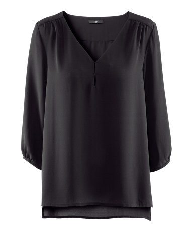 Blouse - neckline: v-neck; pattern: plain; sleeve style: balloon; style: blouse; predominant colour: black; occasions: casual, evening, work; length: standard; fibres: polyester/polyamide - 100%; fit: loose; shoulder detail: subtle shoulder detail; back detail: longer hem at back than at front; sleeve length: 3/4 length; texture group: sheer fabrics/chiffon/organza etc.; pattern type: fabric; season: s/s 2013; wardrobe: highlight