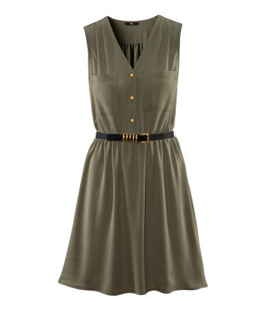 Dress - length: mid thigh; neckline: v-neck; fit: fitted at waist; pattern: plain; sleeve style: sleeveless; bust detail: pocket detail at bust, buttons at bust (in middle at breastbone)/zip detail at bust; waist detail: flattering waist detail, belted waist/tie at waist/drawstring; predominant colour: khaki; occasions: casual, evening; style: fit & flare; fibres: polyester/polyamide - 100%; sleeve length: sleeveless; trends: volume; pattern type: fabric; texture group: other - light to midweight; season: s/s 2013