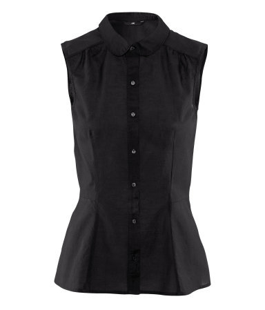 Blouse - neckline: shirt collar/peter pan/zip with opening; pattern: plain; sleeve style: sleeveless; waist detail: fitted waist; style: shirt; bust detail: buttons at bust (in middle at breastbone)/zip detail at bust; predominant colour: black; occasions: casual, work; length: standard; fibres: cotton - mix; fit: body skimming; shoulder detail: subtle shoulder detail; sleeve length: sleeveless; texture group: cotton feel fabrics; pattern type: fabric; pattern size: standard; season: s/s 2013
