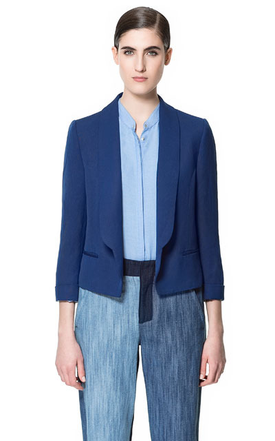 Short Blazer - pattern: plain; style: single breasted blazer; collar: shawl/waterfall; predominant colour: navy; occasions: casual, evening, work, occasion; length: standard; fit: straight cut (boxy); fibres: linen - mix; sleeve length: 3/4 length; sleeve style: standard; trends: tuxedo; collar break: low/open; pattern type: fabric; pattern size: standard; texture group: woven light midweight; season: s/s 2013