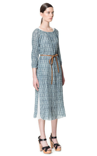 Long Printed Tunic - style: tunic; length: calf length; neckline: round neck; fit: loose; waist detail: belted waist/tie at waist/drawstring; predominant colour: pale blue; occasions: casual; fibres: polyester/polyamide - 100%; sleeve length: long sleeve; sleeve style: standard; texture group: sheer fabrics/chiffon/organza etc.; pattern type: fabric; pattern size: standard; pattern: patterned/print; season: s/s 2013