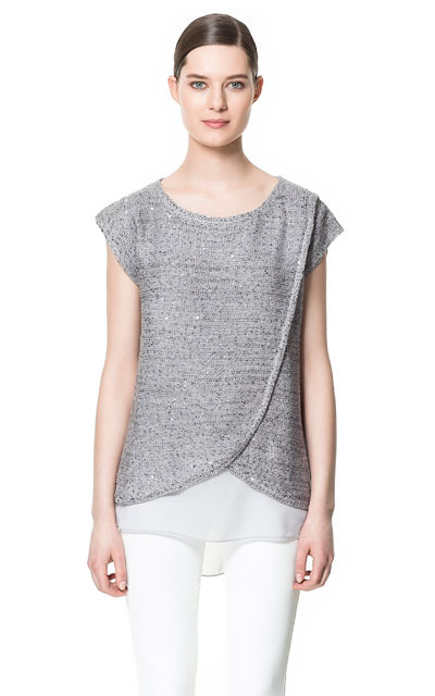 Crossover Top - neckline: round neck; sleeve style: capped; length: below the bottom; predominant colour: silver; occasions: casual, evening, work; style: top; fibres: polyester/polyamide - mix; fit: straight cut; back detail: longer hem at back than at front; sleeve length: short sleeve; texture group: knits/crochet; pattern type: fabric; pattern size: standard; pattern: patterned/print; embellishment: sequins; season: s/s 2013