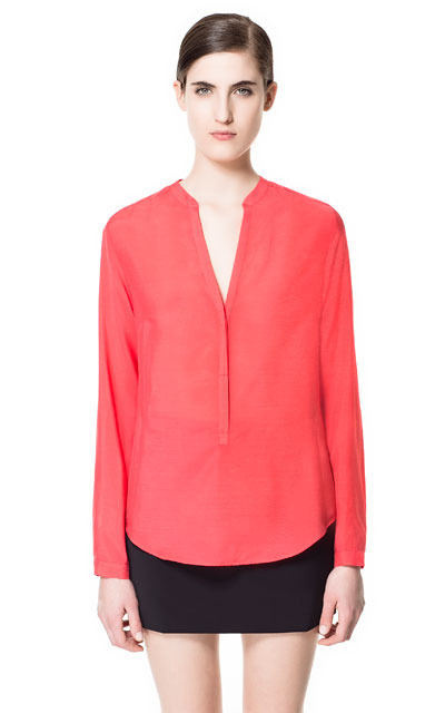 Button Neck Shirt - pattern: plain; bust detail: buttons at bust (in middle at breastbone)/zip detail at bust; predominant colour: coral; occasions: casual, evening, work, holiday; length: standard; style: top; neckline: collarstand & mandarin with v-neck; fibres: viscose/rayon - 100%; fit: loose; back detail: longer hem at back than at front; sleeve length: long sleeve; sleeve style: standard; texture group: sheer fabrics/chiffon/organza etc.; pattern type: fabric; season: s/s 2013