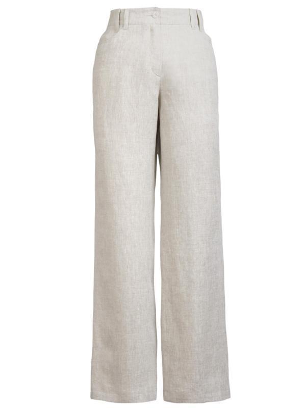 Natural Linen Trousers - length: standard; pattern: plain; waist detail: wide waistband/cummerbund; waist: mid/regular rise; predominant colour: stone; occasions: casual, evening, work, holiday; fibres: linen - 100%; texture group: linen; fit: wide leg; pattern type: fabric; style: standard; season: s/s 2013; pattern size: standard (bottom)