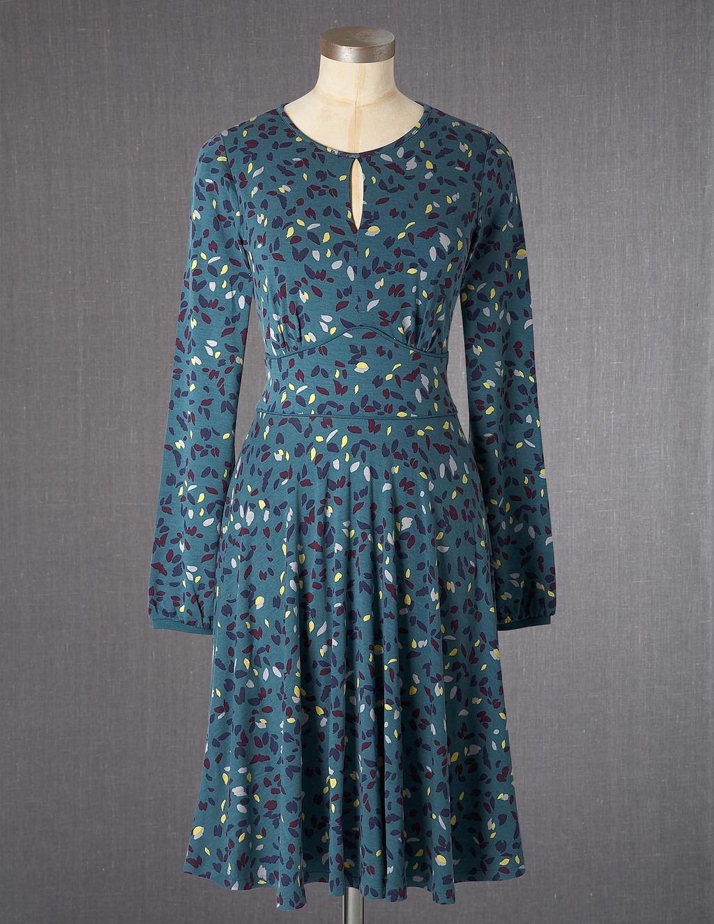 Marilyn Dress - waist detail: fitted waist; predominant colour: teal; secondary colour: camel; length: just above the knee; fit: fitted at waist & bust; style: fit & flare; neckline: peep hole neckline; fibres: viscose/rayon - stretch; sleeve length: long sleeve; sleeve style: standard; pattern type: fabric; pattern size: standard; pattern: patterned/print; texture group: jersey - stretchy/drapey; occasions: creative work; season: a/w 2013