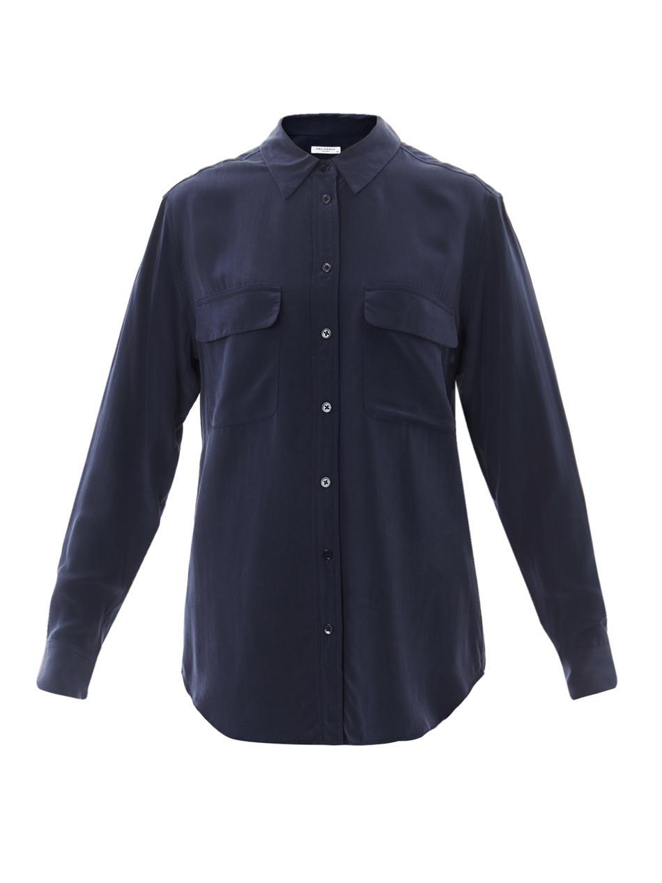 Signature Silk Shirt - neckline: shirt collar/peter pan/zip with opening; pattern: plain; length: below the bottom; style: shirt; predominant colour: navy; occasions: casual, work; fibres: silk - 100%; fit: straight cut; sleeve length: long sleeve; sleeve style: standard; texture group: silky - light; pattern type: fabric; season: s/s 2013