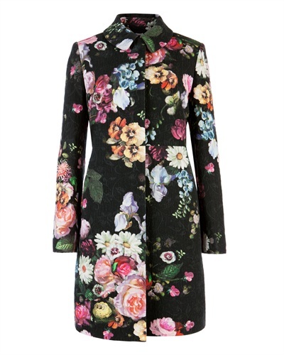 Ted Baker Melmedy Oil Painting Coat - style: single breasted; length: on the knee; predominant colour: black; occasions: casual, evening, work, occasion; fit: tailored/fitted; fibres: cotton - 100%; collar: shirt collar/peter pan/zip with opening; sleeve length: long sleeve; sleeve style: standard; texture group: cotton feel fabrics; trends: high impact florals; collar break: high; pattern type: fabric; pattern size: big & busy; pattern: florals; season: s/s 2013