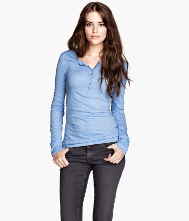 Marled Jersey Top - neckline: round neck; pattern: plain; bust detail: buttons at bust (in middle at breastbone)/zip detail at bust; predominant colour: denim; occasions: casual; length: standard; style: top; fibres: cotton - mix; fit: body skimming; sleeve length: long sleeve; sleeve style: standard; pattern type: fabric; texture group: jersey - stretchy/drapey; season: s/s 2013