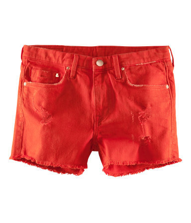 Denim Shorts - pattern: plain; pocket detail: traditional 5 pocket; waist: mid/regular rise; predominant colour: true red; occasions: casual, holiday; fibres: cotton - stretch; texture group: denim; pattern type: fabric; season: s/s 2013; style: denim; length: short shorts; fit: slim leg