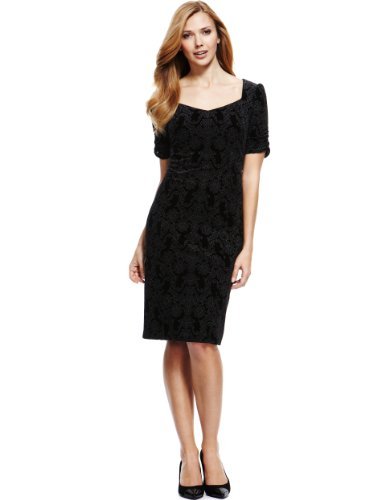 M&S Collection Burnout Floral Velour Dress - style: shift; fit: tailored/fitted; neckline: sweetheart; predominant colour: black; occasions: evening; length: on the knee; fibres: polyester/polyamide - stretch; sleeve length: short sleeve; sleeve style: standard; pattern type: fabric; pattern size: light/subtle; pattern: patterned/print; texture group: velvet/fabrics with pile; season: s/s 2013