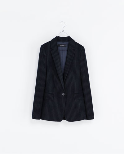 Pinstripe Blazer - style: single breasted blazer; length: below the bottom; pattern: pinstripe; collar: standard lapel/rever collar; secondary colour: white; predominant colour: navy; occasions: casual, evening, work; fit: tailored/fitted; fibres: polyester/polyamide - mix; sleeve length: long sleeve; sleeve style: standard; collar break: medium; pattern type: fabric; pattern size: standard; texture group: woven light midweight; trends: masculine feminine; season: s/s 2013