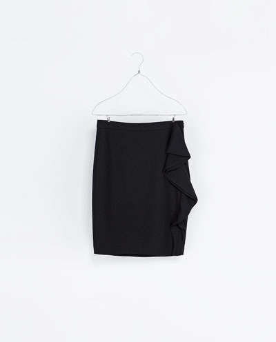 Pencil Skirt With Ruffle - pattern: plain; style: straight; fit: tailored/fitted; waist: mid/regular rise; predominant colour: black; occasions: casual, evening, work, occasion; length: just above the knee; fibres: polyester/polyamide - 100%; texture group: crepes; hip detail: ruffles/tiers/tie detail at hip; pattern type: fabric; season: s/s 2013