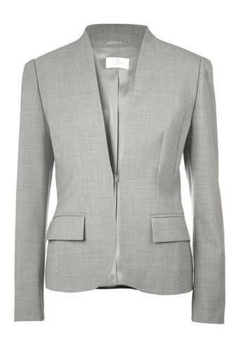 Blazer - pattern: plain; style: single breasted blazer; collar: round collar/collarless; predominant colour: light grey; occasions: evening, work; length: standard; fit: tailored/fitted; fibres: polyester/polyamide - stretch; sleeve length: long sleeve; sleeve style: standard; collar break: low/open; pattern type: fabric; texture group: woven light midweight; season: s/s 2013