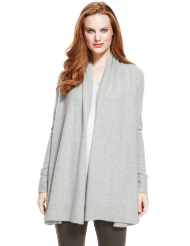 M&S Collection Pure Cashmere Open Front Swing Cardigan - pattern: plain; length: below the bottom; neckline: collarless open; style: open front; predominant colour: light grey; occasions: casual; fit: loose; fibres: cashmere - 100%; sleeve length: long sleeve; sleeve style: standard; texture group: knits/crochet; pattern type: knitted - fine stitch; pattern size: standard; season: a/w 2013