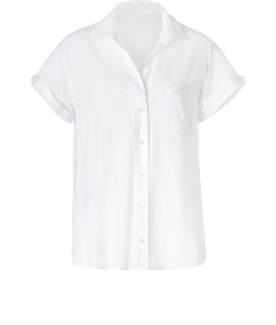 Sugar Camp Top - neckline: shirt collar/peter pan/zip with opening; pattern: plain; style: shirt; bust detail: pocket detail at bust, buttons at bust (in middle at breastbone)/zip detail at bust; predominant colour: white; fibres: cotton - 100%; material texture: jersey; fit: tailored/fitted; sleeve length: short sleeve; sleeve style: standard; pattern type: fabric; pattern size: standard; texture group: jersey - stretchy/drapey