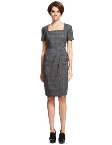 M&S Collection Square Neck Checked Dress - style: shift; fit: tailored/fitted; pattern: checked/gingham; waist detail: flattering waist detail; predominant colour: charcoal; secondary colour: mid grey; occasions: work; length: just above the knee; fibres: polyester/polyamide - stretch; sleeve length: short sleeve; sleeve style: standard; texture group: cotton feel fabrics; neckline: medium square neck; pattern type: fabric; pattern size: standard; season: a/w 2013