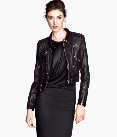 Leather Biker Jacket - pattern: plain; style: biker; collar: standard biker; predominant colour: black; occasions: casual, evening; fit: tailored/fitted; fibres: leather - 100%; sleeve length: long sleeve; sleeve style: standard; texture group: leather; collar break: high/illusion of break when open; pattern type: fabric; trends: gorgeous grunge; season: a/w 2013; length: cropped
