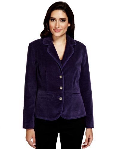 Per Una Cotton Rich 3 Button Velvet Blazer - pattern: plain; style: single breasted blazer; collar: standard lapel/rever collar; predominant colour: aubergine; occasions: casual, evening; length: standard; fit: tailored/fitted; fibres: cotton - stretch; sleeve length: long sleeve; sleeve style: standard; collar break: medium; pattern type: fabric; texture group: velvet/fabrics with pile; trends: gothic romance; season: a/w 2013