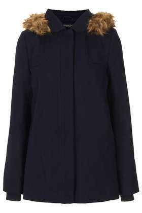 Tall Fur Hooded Swing Coat - pattern: plain; length: below the bottom; style: single breasted; predominant colour: navy; secondary colour: tan; occasions: casual, work; fit: straight cut (boxy); fibres: polyester/polyamide - stretch; collar: shirt collar/peter pan/zip with opening; sleeve length: long sleeve; sleeve style: standard; collar break: high; pattern type: fabric; texture group: woven bulky/heavy; embellishment: fur; season: a/w 2013; wardrobe: highlight; embellishment location: neck