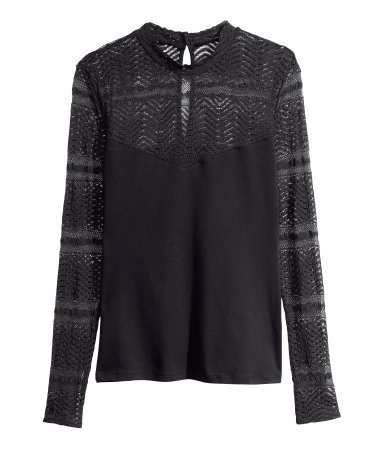 Top With A Lace Yoke - pattern: plain; predominant colour: black; occasions: casual, evening, creative work; length: standard; style: top; fibres: cotton - stretch; fit: tight; neckline: crew; back detail: keyhole/peephole detail at back; sleeve length: long sleeve; sleeve style: standard; texture group: jersey - clingy; pattern type: fabric; trends: gothic romance; season: a/w 2013