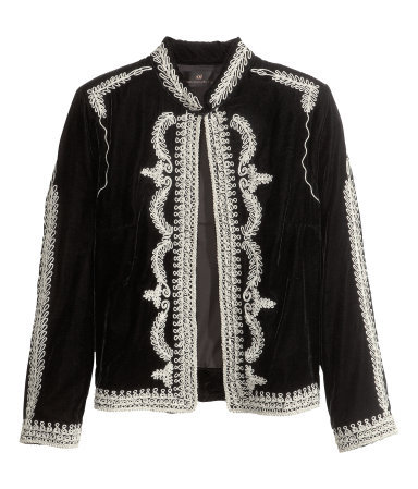Velvet Jacket - pattern: plain; collar: mandarin; style: boxy; secondary colour: ivory/cream; predominant colour: black; occasions: casual, evening, occasion, creative work; length: standard; fit: straight cut (boxy); shoulder detail: added shoulder detail; sleeve length: long sleeve; sleeve style: standard; collar break: high; pattern type: fabric; texture group: velvet/fabrics with pile; embellishment: embroidered; fibres: viscose/rayon - mix; season: a/w 2013