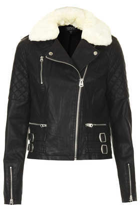 Quilted Leather Look Biker - pattern: plain; style: biker; collar: asymmetric biker; predominant colour: black; occasions: casual, creative work; length: standard; fit: tailored/fitted; fibres: polyester/polyamide - 100%; sleeve length: long sleeve; sleeve style: standard; texture group: leather; collar break: medium; pattern type: fabric; embellishment: quilted; season: a/w 2013