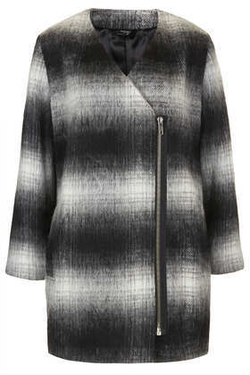Furry Check Biker Coat - pattern: checked/gingham; collar: asymmetric biker; style: double breasted; length: mid thigh; secondary colour: white; predominant colour: black; occasions: casual, creative work; fit: straight cut (boxy); fibres: polyester/polyamide - mix; sleeve length: long sleeve; sleeve style: standard; collar break: medium; pattern type: fabric; pattern size: standard; texture group: woven bulky/heavy; season: a/w 2013