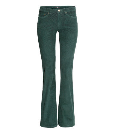Corduroy Trousers - length: standard; pattern: plain; pocket detail: traditional 5 pocket; waist: mid/regular rise; predominant colour: dark green; occasions: casual, creative work; fibres: cotton - stretch; texture group: corduroy; fit: bootcut; style: standard; trends: broody brights; season: a/w 2013