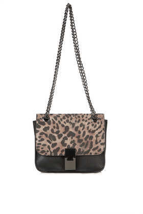 Animal Chain Box Bag - secondary colour: taupe; predominant colour: black; occasions: casual, creative work; type of pattern: small; style: shoulder; length: shoulder (tucks under arm); size: standard; material: faux leather; pattern: animal print; finish: plain; embellishment: chain/metal; season: a/w 2013