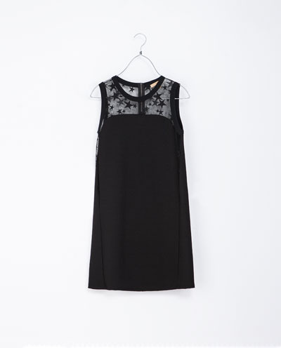 Stars Dress - style: shift; length: mini; pattern: plain; sleeve style: sleeveless; predominant colour: black; occasions: casual, evening; fit: straight cut; fibres: viscose/rayon - stretch; neckline: crew; sleeve length: sleeveless; pattern type: fabric; texture group: other - light to midweight; season: a/w 2013; shoulder detail: sheer at shoulder; wardrobe: highlight; embellishment: contrast fabric; embellishment location: shoulder