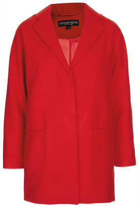 Petite Popper Front Boyfriend Coat - pattern: plain; fit: loose; style: single breasted; collar: standard lapel/rever collar; length: mid thigh; predominant colour: true red; occasions: casual, work, creative work; fibres: polyester/polyamide - stretch; sleeve length: long sleeve; sleeve style: standard; collar break: medium; pattern type: fabric; texture group: woven bulky/heavy; season: a/w 2013