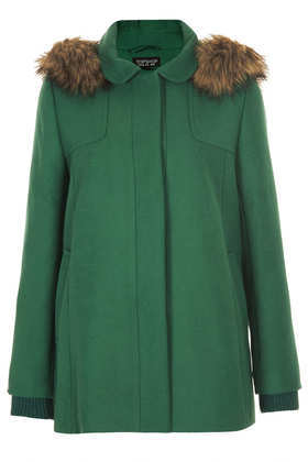 Fur Hooded Swing Coat - pattern: plain; length: below the bottom; fit: loose; style: single breasted; back detail: hood; predominant colour: dark green; occasions: casual, work, creative work; fibres: polyester/polyamide - stretch; collar: shirt collar/peter pan/zip with opening; sleeve length: long sleeve; sleeve style: standard; collar break: high; pattern type: fabric; texture group: woven bulky/heavy; embellishment: fur; season: a/w 2013; wardrobe: highlight; embellishment location: all over