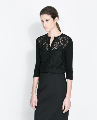 Angora Cardigan With Lace - neckline: round neck; predominant colour: black; occasions: casual, evening, work, creative work; length: standard; style: standard; fit: standard fit; sleeve length: 3/4 length; sleeve style: standard; texture group: lace; pattern type: fabric; pattern: patterned/print; fibres: viscose/rayon - mix; season: a/w 2013; wardrobe: highlight