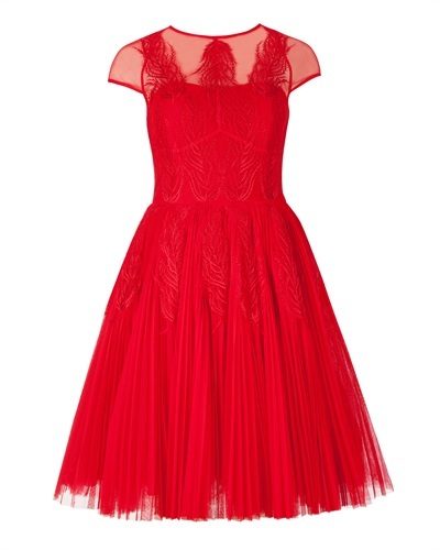 Ted Baker Miyaa Feather Applique Motif Dress - neckline: round neck; sleeve style: capped; pattern: plain; style: full skirt; predominant colour: true red; occasions: evening, occasion; length: just above the knee; fit: fitted at waist & bust; fibres: polyester/polyamide - 100%; hip detail: subtle/flattering hip detail; sleeve length: short sleeve; texture group: sheer fabrics/chiffon/organza etc.; pattern type: fabric; embellishment: applique; season: a/w 2013; wardrobe: event; embellishment location: skirt, top