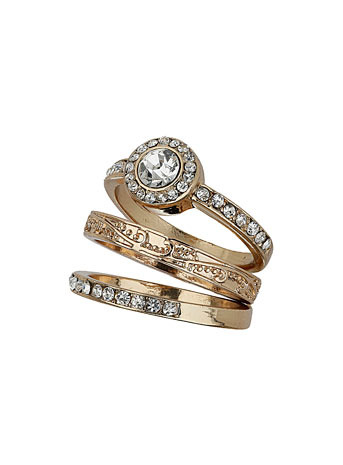 Gold Plated Triple Ring Set - predominant colour: gold; occasions: evening, occasion; size: standard; material: chain/metal; finish: metallic; embellishment: crystals/glass; secondary colour: clear; season: a/w 2014; style: stack of rings; wardrobe: event