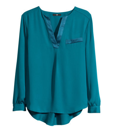 Satin Blouse - neckline: v-neck; pattern: plain; style: blouse; predominant colour: teal; occasions: casual, evening, work, creative work; length: standard; fibres: polyester/polyamide - 100%; fit: loose; back detail: longer hem at back than at front; sleeve length: long sleeve; sleeve style: standard; texture group: structured shiny - satin/tafetta/silk etc.; pattern type: fabric; trends: broody brights; season: a/w 2013