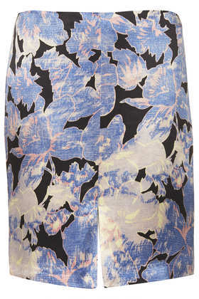 Chateau Leaf Pencil Skirt - length: mid thigh; style: straight; fit: tailored/fitted; waist: mid/regular rise; predominant colour: pale blue; secondary colour: black; occasions: casual, evening, occasion, creative work; fibres: viscose/rayon - 100%; pattern type: fabric; pattern: florals; texture group: other - light to midweight; trends: playful prints; season: a/w 2013; pattern size: big & busy (bottom)