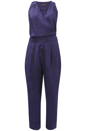 Skye Linen Jumpsuit - length: standard; waist detail: fitted waist, structured pleats at waist, belted waist/tie at waist/drawstring; predominant colour: navy; fibres: linen - 100%