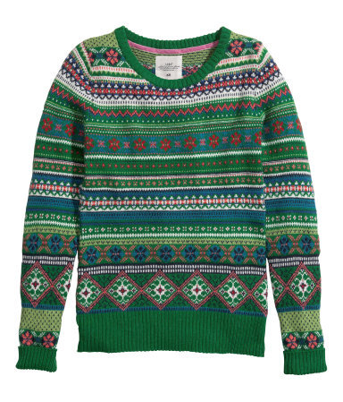 Knitted Jumper - neckline: round neck; style: standard; predominant colour: dark green; secondary colour: teal; occasions: casual, creative work; length: standard; fibres: cotton - mix; fit: standard fit; sleeve length: long sleeve; sleeve style: standard; texture group: knits/crochet; pattern type: knitted - other; pattern size: standard; pattern: patterned/print; trends: christmas jumpers; season: a/w 2013