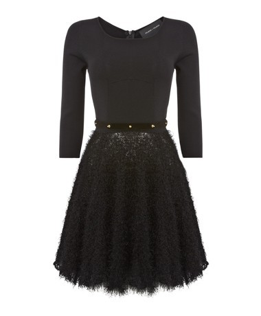 Black Lilly Fluff Dress - neckline: round neck; pattern: plain; waist detail: embellishment at waist/feature waistband; predominant colour: black; occasions: evening, occasion; length: just above the knee; fit: fitted at waist & bust; style: fit & flare; sleeve length: 3/4 length; sleeve style: standard; pattern type: fabric; texture group: other - light to midweight; season: a/w 2013